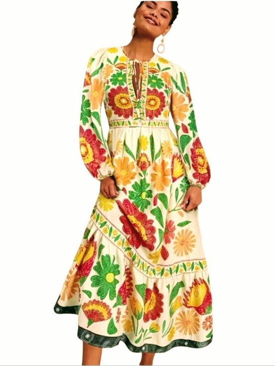 Dresses & Skirts - New Floral Tie-Neck Midi Dress in Cream with Red, Yellow & Green Print